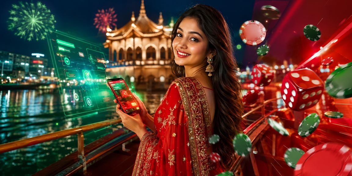 A player in a festive red-and-green setting celebrating betting promotions in Bangladesh